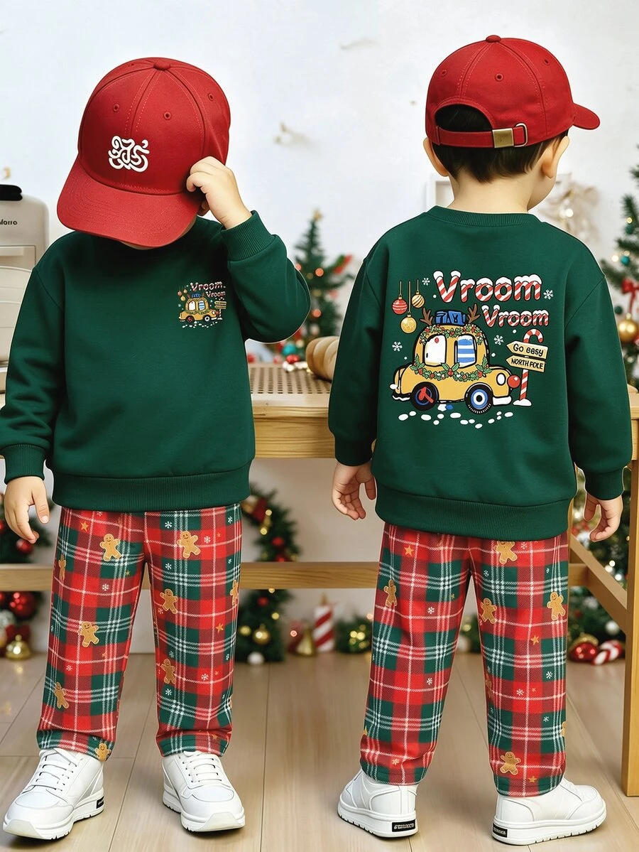 Baby Boys 2pcs Christmas Cartoon Car Sweatshirt And Gingerbread Plaid Pants Set Family Birthday Dark Green Red Plaid Modest - Multicolor - View 1