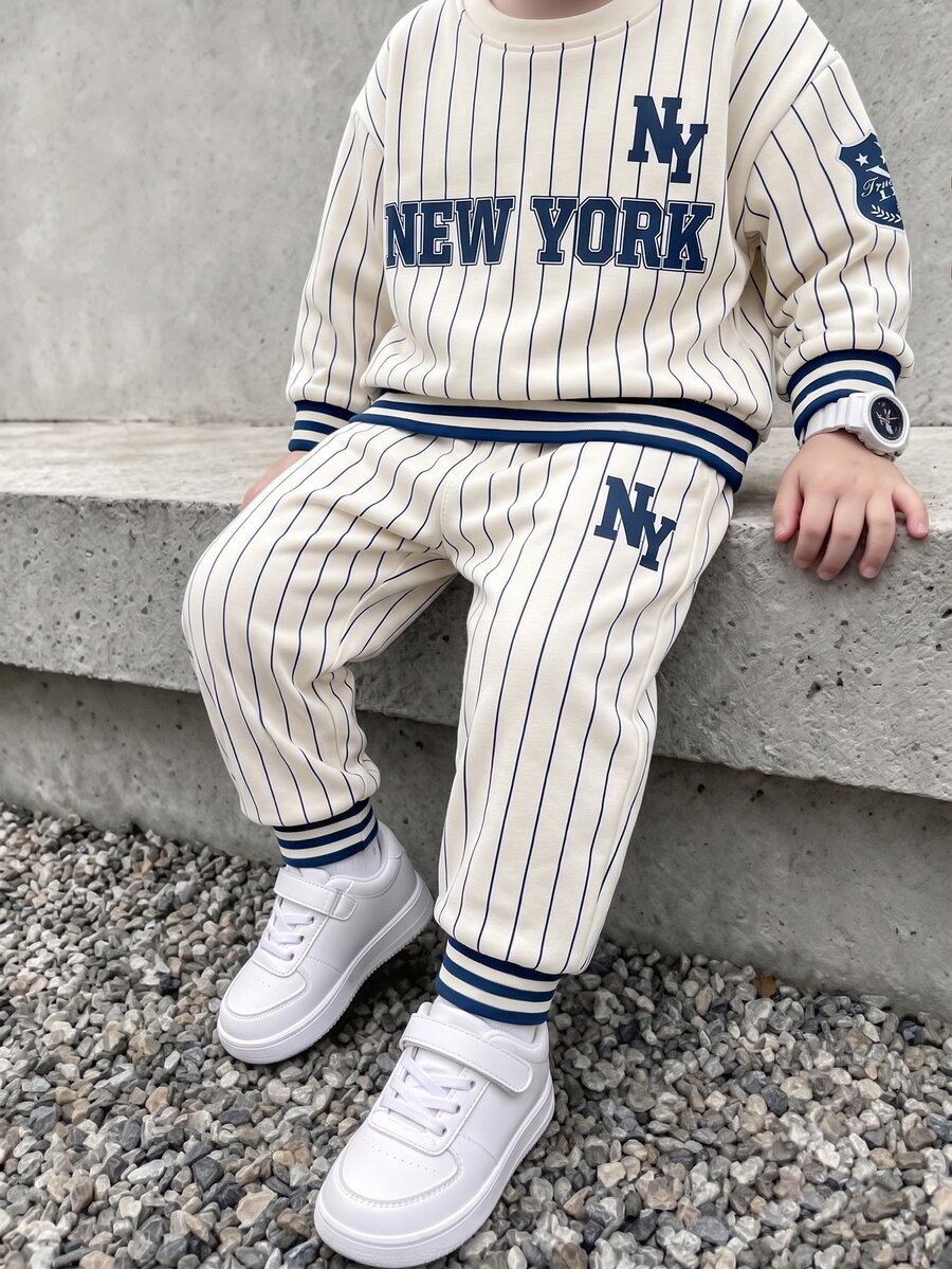 1套小男孩休閒時尚舒適抓絨運動衫套裝,紐約條紋字母數位印花,適合運動、都市風、日常穿著,春/秋/冬 - 彩色 - 查看 1