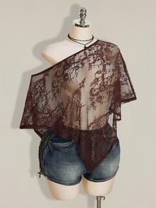 SHEIN ICON Women's Plus Size Lace One Shoulder Asymmetrical Hem Top - Brown - View 6