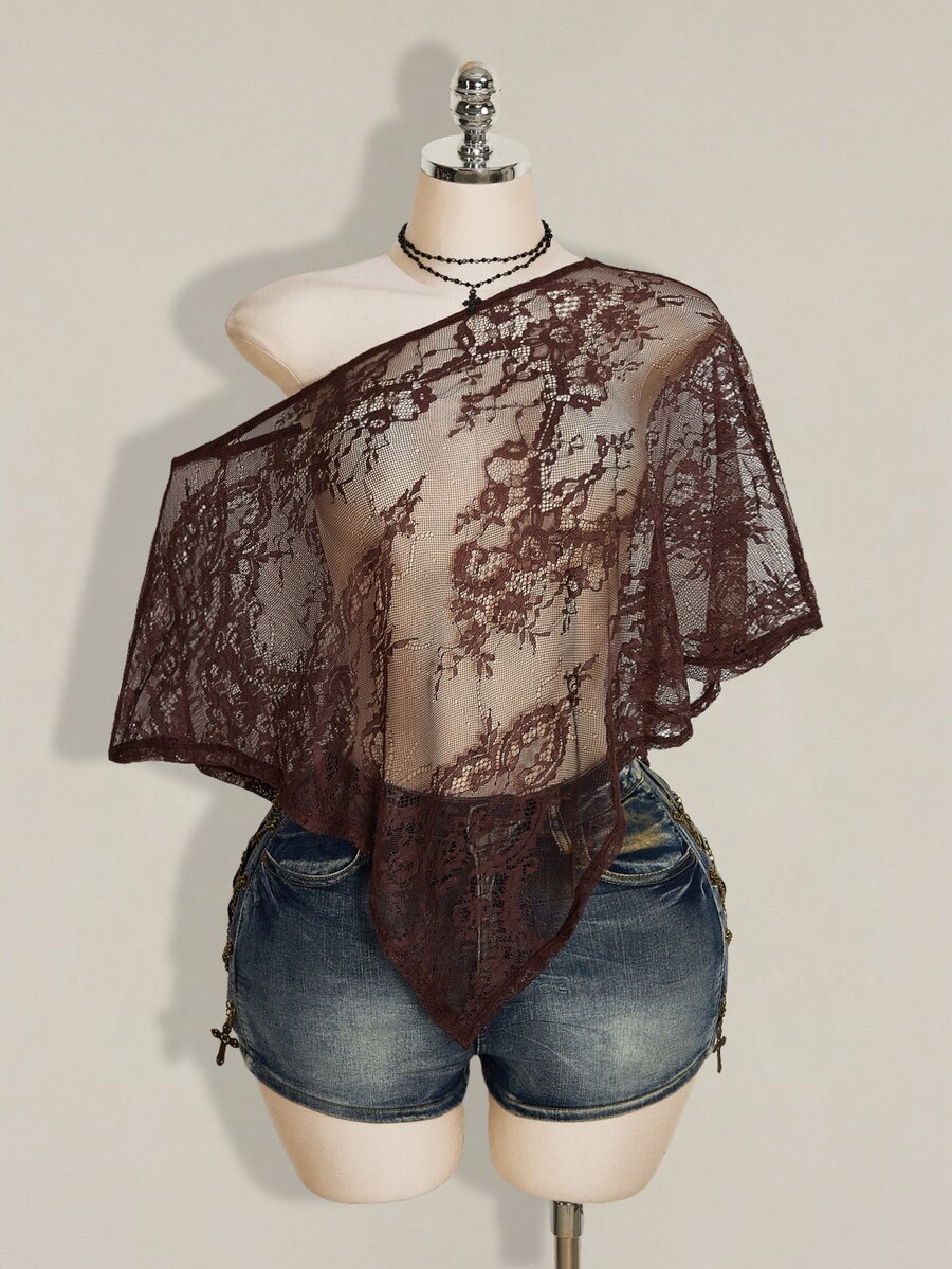 SHEIN ICON Women's Plus Size Lace One Shoulder Asymmetrical Hem Top - Brown - View 1
