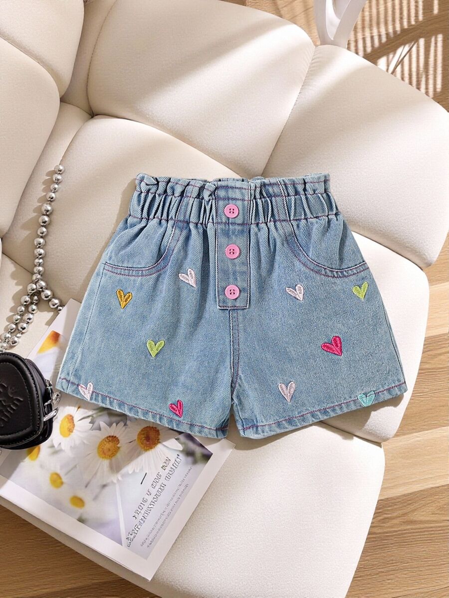 SHEIN Young Girl Cute Bow Denim Shorts, Casual, Comfortable, Fashion, Suitable For Beach & Street Wear, Summer Summer Holiday - Light Wash - View 1