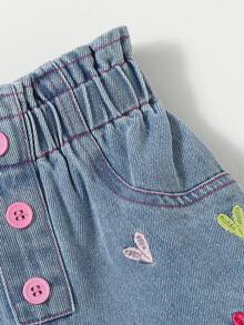 SHEIN Young Girl Cute Bow Denim Shorts, Casual, Comfortable, Fashion, Suitable For Beach & Street Wear, Summer Summer Holiday - Light Wash - View 5
