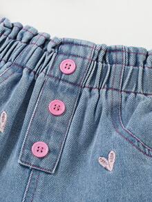SHEIN Young Girl Cute Bow Denim Shorts, Casual, Comfortable, Fashion, Suitable For Beach & Street Wear, Summer Summer Holiday - Light Wash - View 7