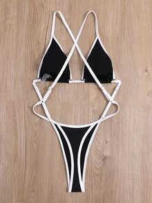 SHEIN Swim Bañador una pieza unido en contraste con tira cruzada - Blanco y Negro - Ver 5