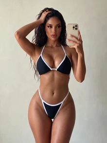 SHEIN Swim Bañador una pieza unido en contraste con tira cruzada - Blanco y Negro - Ver 1