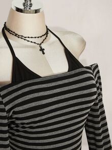 SHEIN ICON ملابس علوية محبوكة مخططة بأكمام طويلة بتصميم 2 في 1 مع رقبة هالتر، ستايل ريترو Y2K، مقاسات كبيرة، للخريف - الأسود - مشاهدة 7