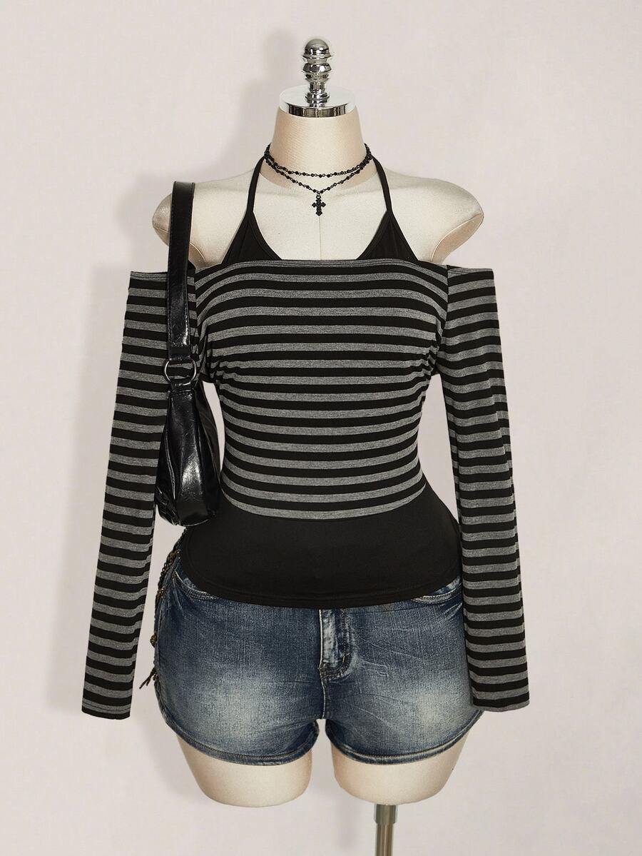 SHEIN ICON ملابس علوية محبوكة مخططة بأكمام طويلة بتصميم 2 في 1 مع رقبة هالتر، ستايل ريترو Y2K، مقاسات كبيرة، للخريف - الأسود - مشاهدة 1