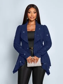 SOLERSUN Plus Size Navy Fall Curve Elegant Formal Cocktail Evening Women's Jacket,Flash Texture Fabric Large Lapel Ruffle Asymmetrical Hem Long Sleeve,2026 - Royal Blue - View 5