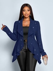 SOLERSUN Plus Size Navy Fall Curve Elegant Formal Cocktail Evening Women's Jacket,Flash Texture Fabric Large Lapel Ruffle Asymmetrical Hem Long Sleeve,2026 - Royal Blue - View 4