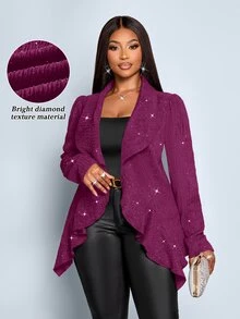 SOLERSUN Plus Size Purple Fall Curve Elegant Gothic Formal Cocktail Evening Women's Jacket,Flash Texture Fabric Large Lapel Ruffle Asymmetrical Hem Long Sleeve - Purple - View 2