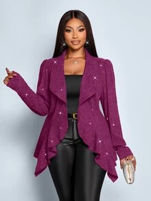 SOLERSUN Plus Size Purple Fall Curve Elegant Gothic Formal Cocktail Evening Women's Jacket,Flash Texture Fabric Large Lapel Ruffle Asymmetrical Hem Long Sleeve - Purple - View 4