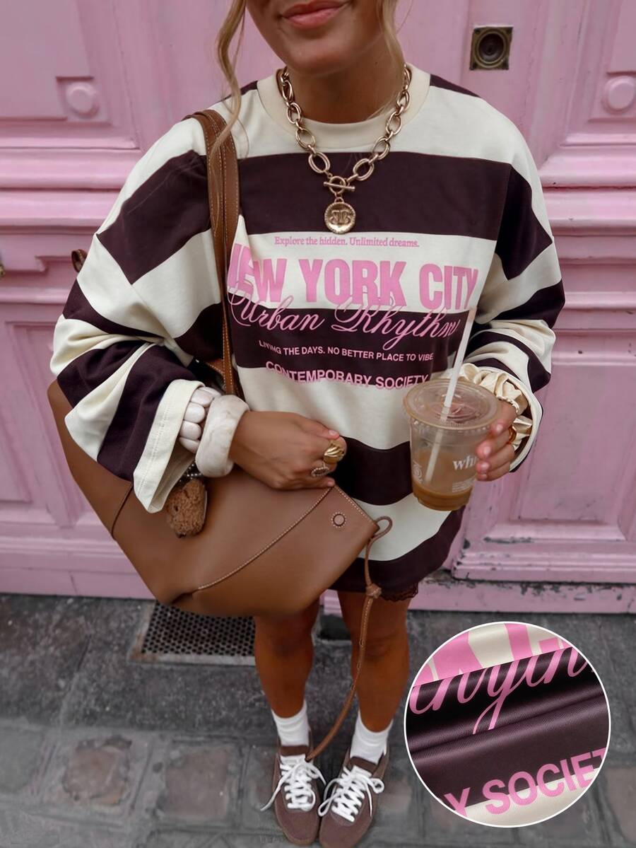 SuriyaCove Women's Autumn/Winter Basic Striped Colorblock Patchwork Round Neck Long Sleeve Top Suitable For Back To School, Travel, Street Style And Casual Occasions - Multicolor - View 1