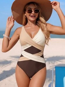 SHEIN Swim Swim Women's Casual Sexy Patchwork Ruched Fitted Elegant One-Piece Backless Swimsuit Suitable For Sports And Beach Beige Summer - Multicolor - View 6