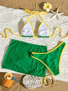 SHEIN Swim 3件組女款夏季海灘泳裝套裝 - 比基尼上衣、泳褲與裙子，黃綠色，定位牙買加字母印花，大Logo，度假性感風 - 彩色 - 查看 2