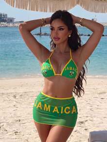 SHEIN Swim 3件組女款夏季海灘泳裝套裝 - 比基尼上衣、泳褲與裙子，黃綠色，定位牙買加字母印花，大Logo，度假性感風 - 彩色 - 查看 3