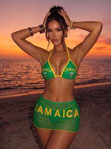 SHEIN Swim 3件組女款夏季海灘泳裝套裝 - 比基尼上衣、泳褲與裙子，黃綠色，定位牙買加字母印花，大Logo，度假性感風 - 彩色 - 查看 1