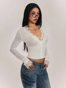 SHEIN PETITE Women's Solid Color Contrast Lace Long Sleeve Knit Thin Cardigan - White - View 5