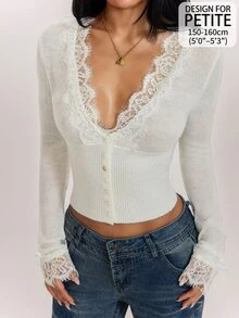 SHEIN PETITE Women's Solid Color Contrast Lace Long Sleeve Knit Thin Cardigan - White - View 9