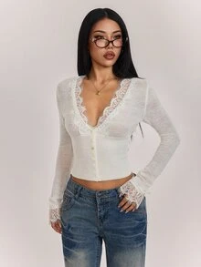 SHEIN PETITE Women's Solid Color Contrast Lace Long Sleeve Knit Thin Cardigan - White - View 3