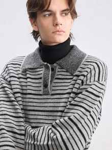 RONVEXI 男士 Polo 領長袖套頭毛衣，休閒條紋針織秋冬款，灰黑條紋寬鬆通勤，慵懶對比色橫條紋套頭毛衣，老錢風 - 彩色 - 查看 8