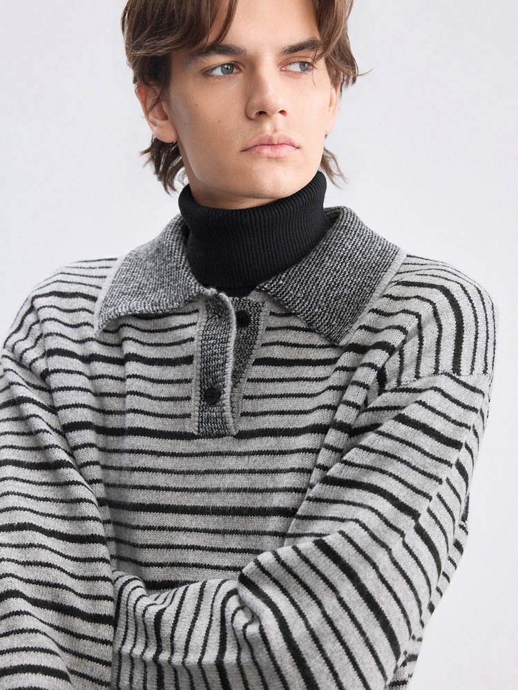 RONVEXI Men's Polo Collar Long Sleeve Pullover Sweater, Casual Striped Knit Autumn/Winter, Grey And Black Striped Wide Commute, Lazy Contrast Color Horizontal Striped Pullover Sweater, Old Money - Multicolor - View 7