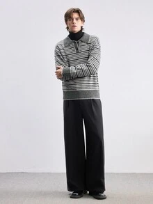RONVEXI 男士 Polo 領長袖套頭毛衣，休閒條紋針織秋冬款，灰黑條紋寬鬆通勤，慵懶對比色橫條紋套頭毛衣，老錢風 - 彩色 - 查看 6