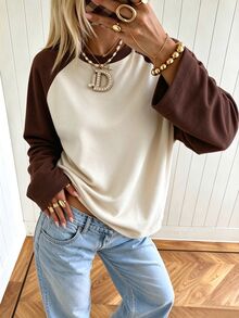 IslaSuriya Women's Loose Casual Round Neck Long Sleeve T-Shirt, Brown & Apricot Color Block Design, Suitable For Back To School, Vacation, Outings - Multicolor - View 3