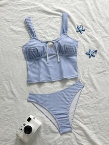 SHEIN Swim Blue And White Striped Summer Modest Beach Holiday Pool Party Two-Piece Swimwear For Women, Ruffle Trim Bow Camisole Tankini Tankini Set With Strap - Blue - View 4