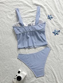 SHEIN Swim Blue And White Striped Summer Modest Beach Holiday Pool Party Two-Piece Swimwear For Women, Ruffle Trim Bow Camisole Tankini Tankini Set With Strap - Blue - View 2