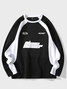 Claim Dot Sudadera de manga raglán con gráfico de letras para hombre, de bloqueo de color para salir, jersey oversize, otoño - Negro - Ver 3