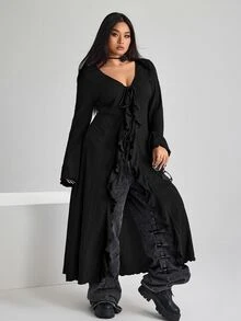 SHEIN ICON ICON 加大码女款 V 领系带喇叭袖针织上衣 - 黑色 - 查看 5