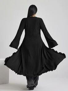 SHEIN ICON ICON 加大码女款 V 领系带喇叭袖针织上衣 - 黑色 - 查看 7