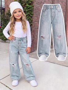Young Girls Baby Blue Distressed Straight Leg Denim Jeans, 2025 New Back-To-School Wide Leg Baggy Ripped Tween Campus Fall Holiday Pants Cowboy - Light Wash - View 5