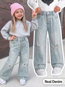 Young Girls Baby Blue Distressed Straight Leg Denim Jeans, 2025 New Back-To-School Wide Leg Baggy Ripped Tween Campus Fall Holiday Pants Cowboy - Light Wash - View 4