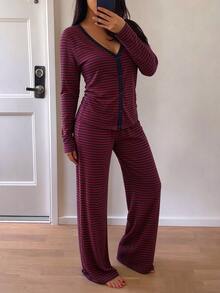 INAWLY Women's Casual Striped Home Wear Button Long Sleeve Set, Autumn/Winter Daily Long Sleeve 2 Pieces Set - Red - View 6