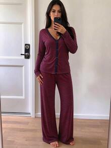 INAWLY Women's Casual Striped Home Wear Button Long Sleeve Set, Autumn/Winter Daily Long Sleeve 2 Pieces Set - Red - View 1