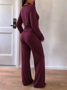 INAWLY Women's Casual Striped Home Wear Button Long Sleeve Set, Autumn/Winter Daily Long Sleeve 2 Pieces Set - Red - View 2