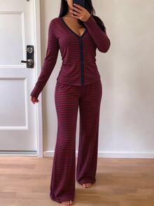 INAWLY Women's Casual Striped Home Wear Button Long Sleeve Set, Autumn/Winter Daily Long Sleeve 2 Pieces Set - Red - View 5