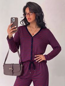 INAWLY Women's Casual Striped Home Wear Button Long Sleeve Set, Autumn/Winter Daily Long Sleeve 2 Pieces Set - Red - View 4