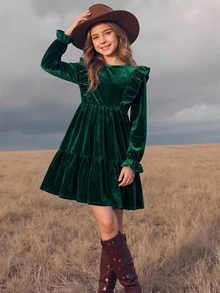 SHEIN Tween Girl Solid Green Kids Velvet Ruffle Dress Autumn Picnic Long Sleeve Ruffle Trim Flounce Loose Dress , Christmas Dress Party Dress - Dark Green - View 7