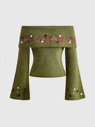 Maglione vintage fairycore autunno/inverno con ricamo floreale, spalle scoperte, colletto ribaltato e decorazione con bottoni multipli per donna