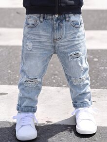 SHEIN Young Boy Fall/Winter Street Kids Cool Distressed Ripped Blue Denim Skinny Flared Jeans, For Streetwear, Halloween - Blue - View 6