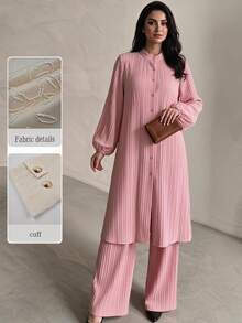 Yasmyna Pink Textured Striped Small Stand Collar Loose Jacket And Long Pants Casual Modest Women's Arabic Outfit Set Vacation Morning Fall - Pink - View 2