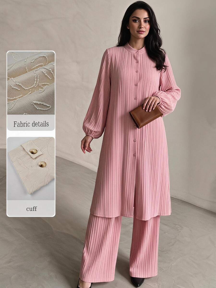 Yasmyna Pink Textured Striped Small Stand Collar Loose Jacket And Long Pants Casual Modest Women's Arabic Outfit Set Vacation Morning Fall
