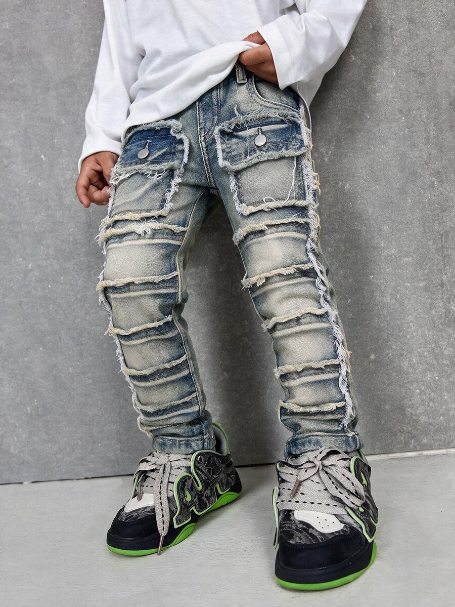 SHEIN Young Boy Vintage Casual Kids Fashion Blue Fringed Stretch Comfortable Tight Jeans - Blue - View 1