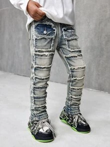 SHEIN Young Boy Vintage Casual Kids Fashion Blue Fringed Stretch Comfortable Tight Jeans - Blue - View 3
