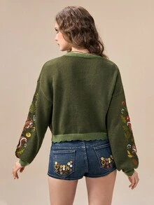 ROMWE Autumn/Winter Fairycore Squirrel & Botanical Fruit Embroidered Green Women's Cardigan - Green - View 5