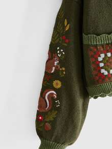 ROMWE Autumn/Winter Fairycore Squirrel & Botanical Fruit Embroidered Green Women's Cardigan - Green - View 10
