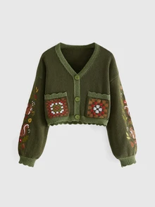 ROMWE Autumn/Winter Fairycore Squirrel & Botanical Fruit Embroidered Green Women's Cardigan - Green - View 2