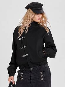 ROMWE Jaket longgar streetwear punk Y2K musim gugur/musim dingin dengan penutup depan asimetris dan gesper. - Hitam - View 4